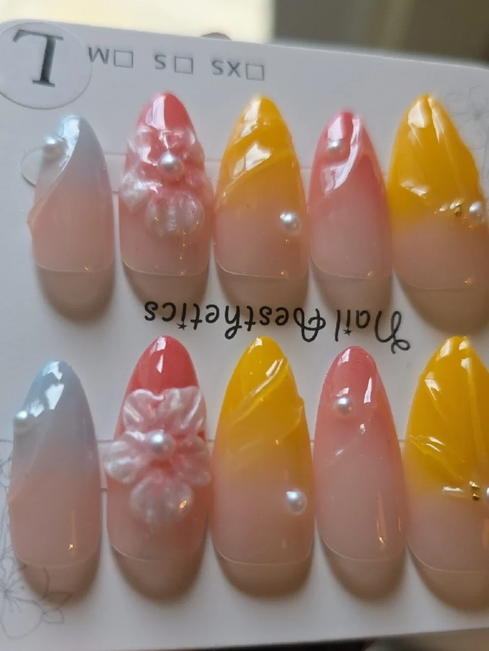 Yellow Pink Ombre Press-On Nail Set with 3D Floral Accents Size Large